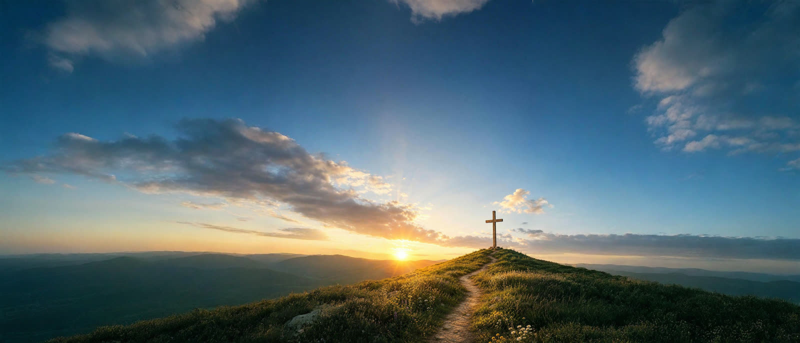 A cross on a hilltop at sunrise